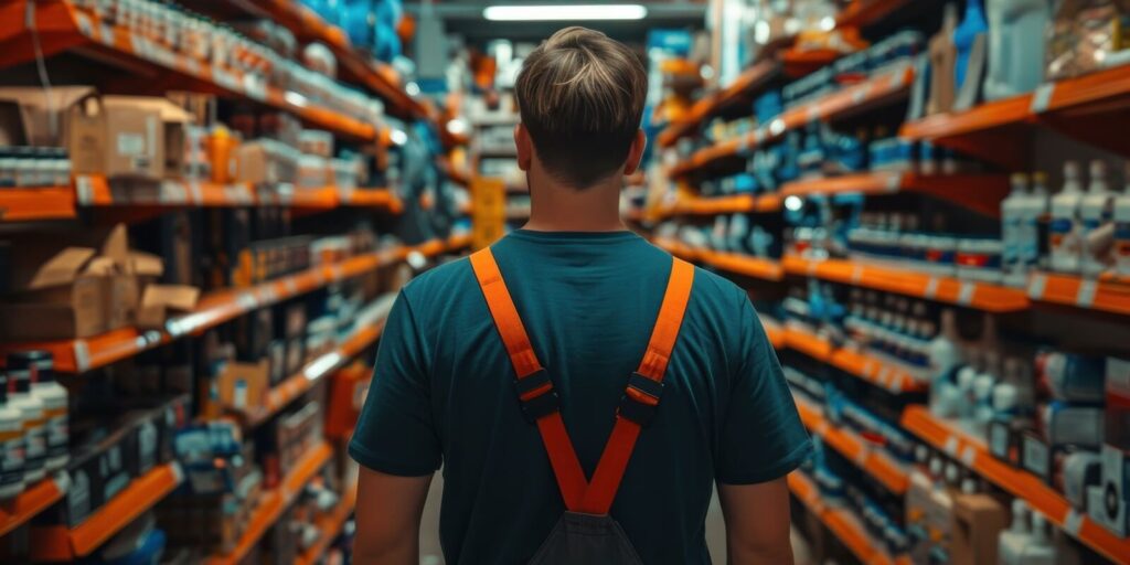 rear view of warehouse worker walking through aisles of retail hardware store examining products on shelves