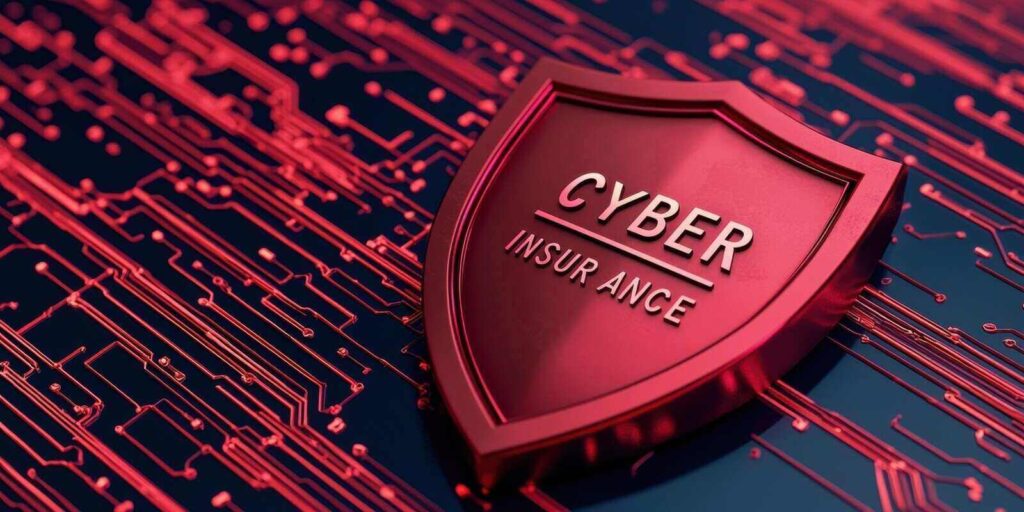 sleek red shield with CYBER INSURANCE prominently displayed, set against a digital circuit background