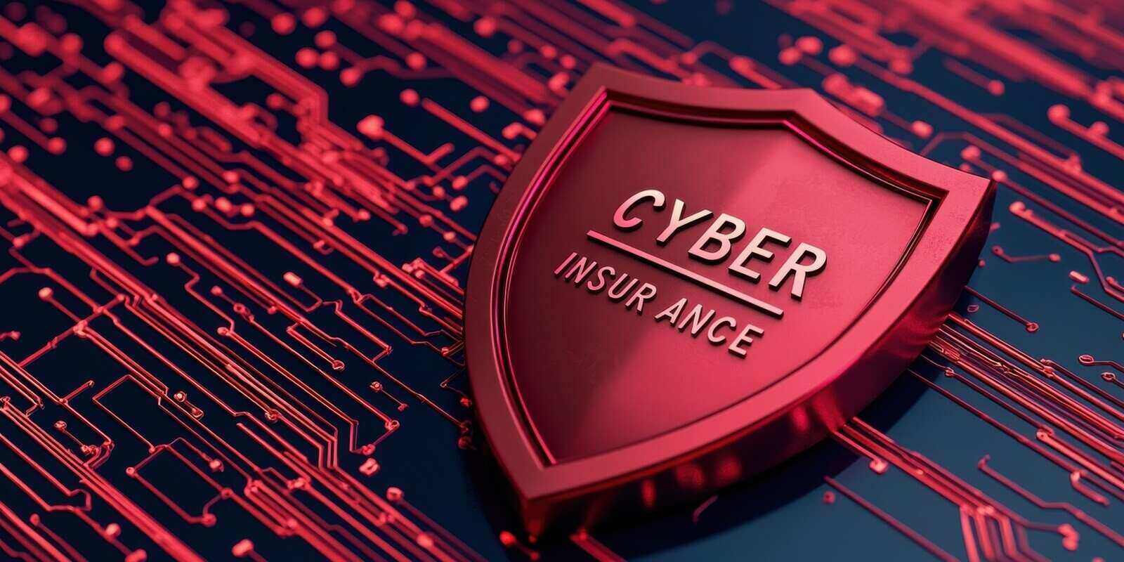 sleek red shield with CYBER INSURANCE prominently displayed, set against a digital circuit background