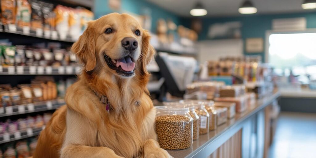 a golden retriever is sitting on a counter in a pet store