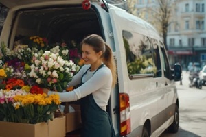 beautiful smiling young woman florist in apron loading van with different flowers outside flower shop ready for delivery