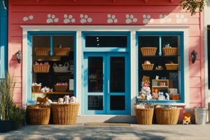 colorful pet store with baskets and playful decor