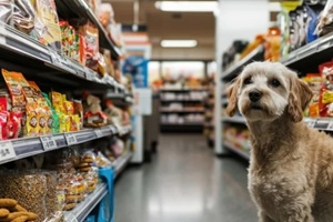 dog in pet store aisle, browsing treats, shelves stocked