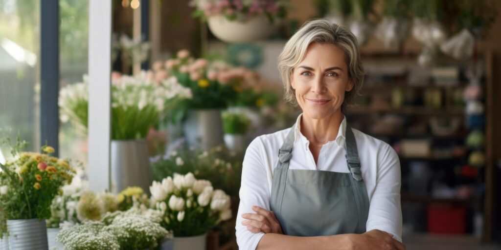 happy mature woman standing in her flower shop with specialized insurance coverage