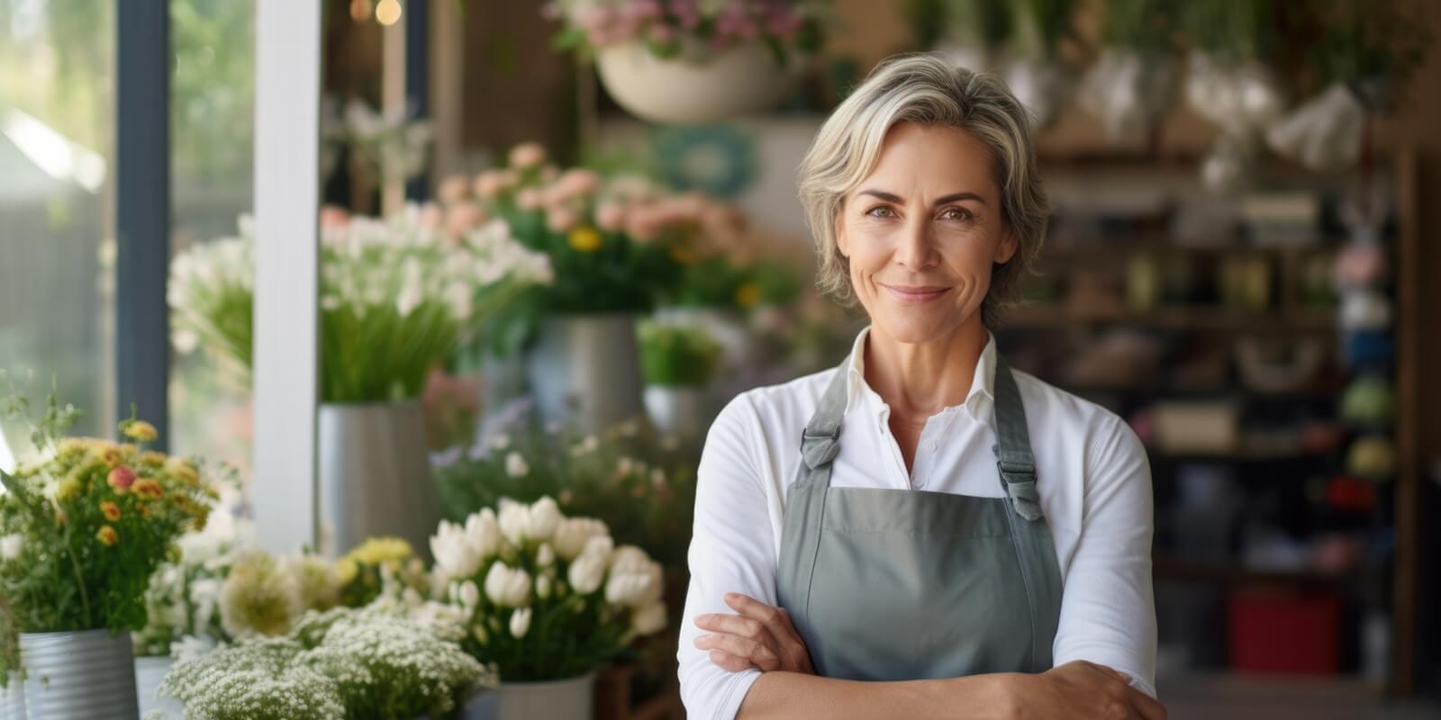 happy mature woman standing in her flower shop with specialized insurance coverage