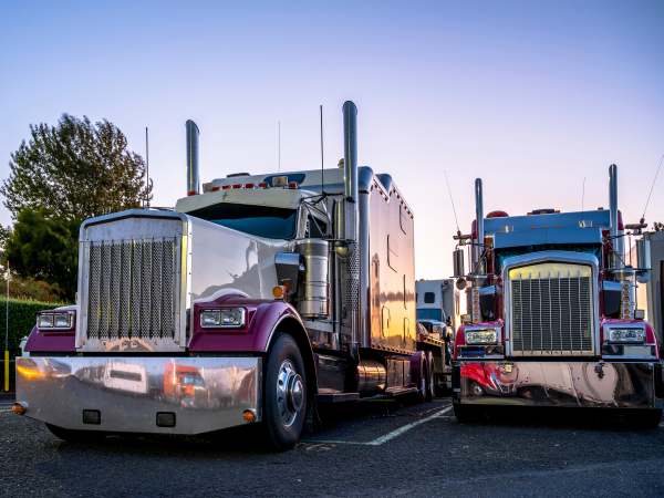 Big rigs classic long haul bonnet American idol semi trucks standing in row on truck stop parking lot at evening time reflecting sunset and all around by a lot of chrome parts mounted on tractors