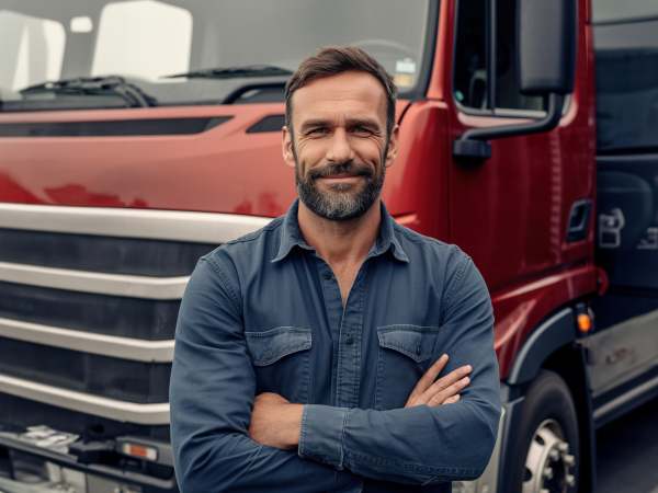 Mature male truck driver with crossed hands posing in front of his lorry truck.