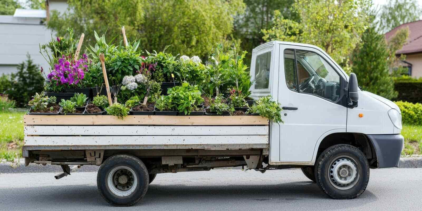 springtime landscaping preparation with truck loaded with gardening tools and plants