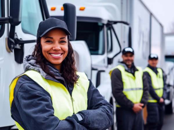 A diverse team of truck drivers standing confidently in front of a fleet of semi-trucks, wearing reflective vests and smiling, with a modern logistics warehouse in the background