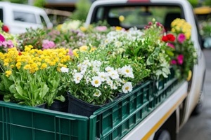 truck delivering flowers and plants to a garden center