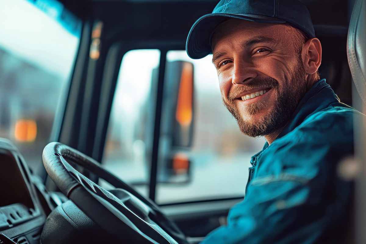 Friendly mature truck driver is smiling while sitting in his truck, generative ai