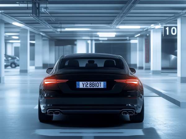A sleek car is parked in modern underground parking garage, illuminated by soft lighting. atmosphere is calm and organized, showcasing spacious environment