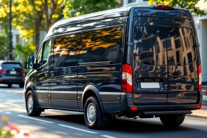 Black delivery van driving along a quiet city street, representing urban transportation and commercial logistics.
