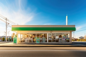 compact convenience store with clean exterior and bright sky