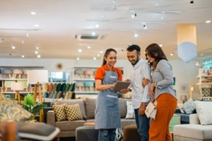 female shop assistant serving a husband and wife customer with a tablet at a furniture store