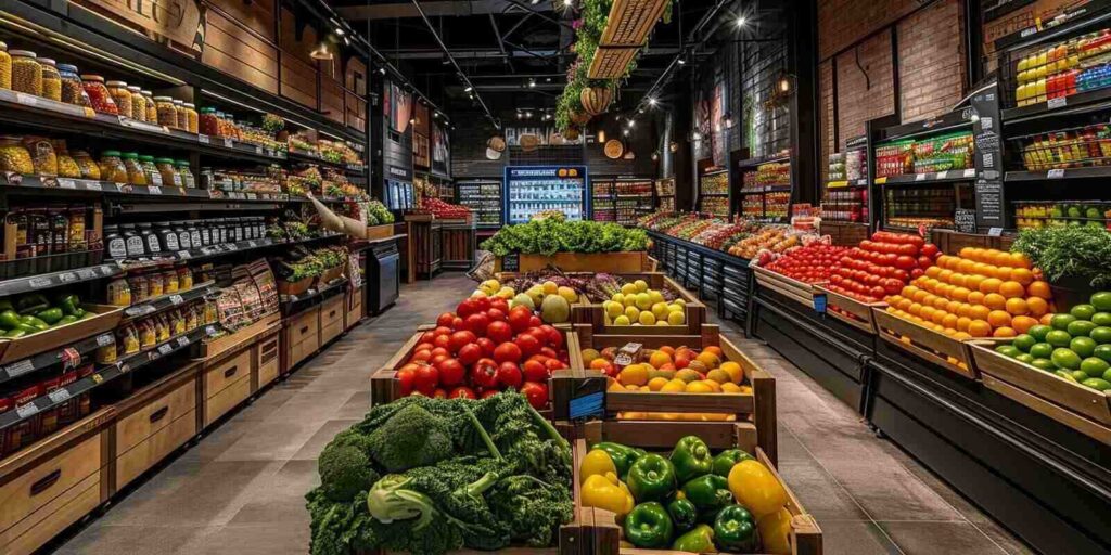 grocery store aisle, its neatly stocked shelves filled with a colorful assortment of fresh produce