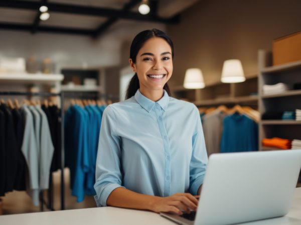 Retail clothing store worker at the checkout counter, working on laptop, business administration
