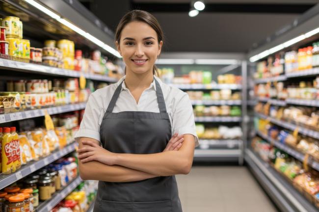 Smiling woman with apron standing in a grocery store aisle with shelves full of food products