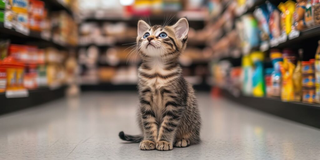 kitten in pet store aisle