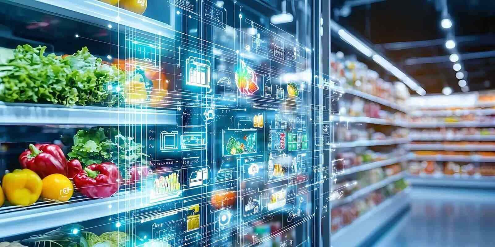 smart shopping experience supermarket digital content modern retail environment close-up view technology integration