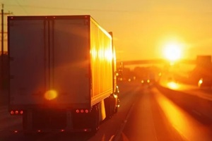 semi truck on the road at sunset