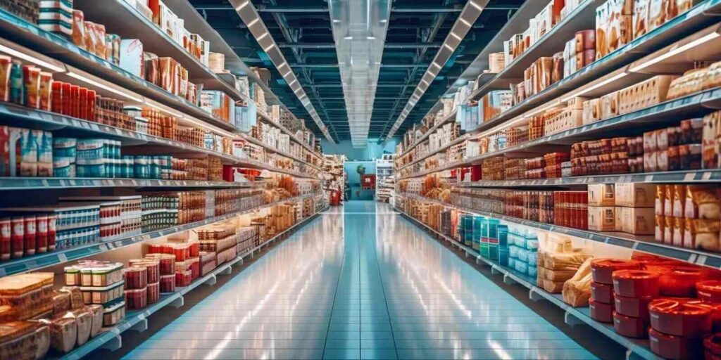 supermarket heaven, discover the diverse assortment of products in the long and bright aisle