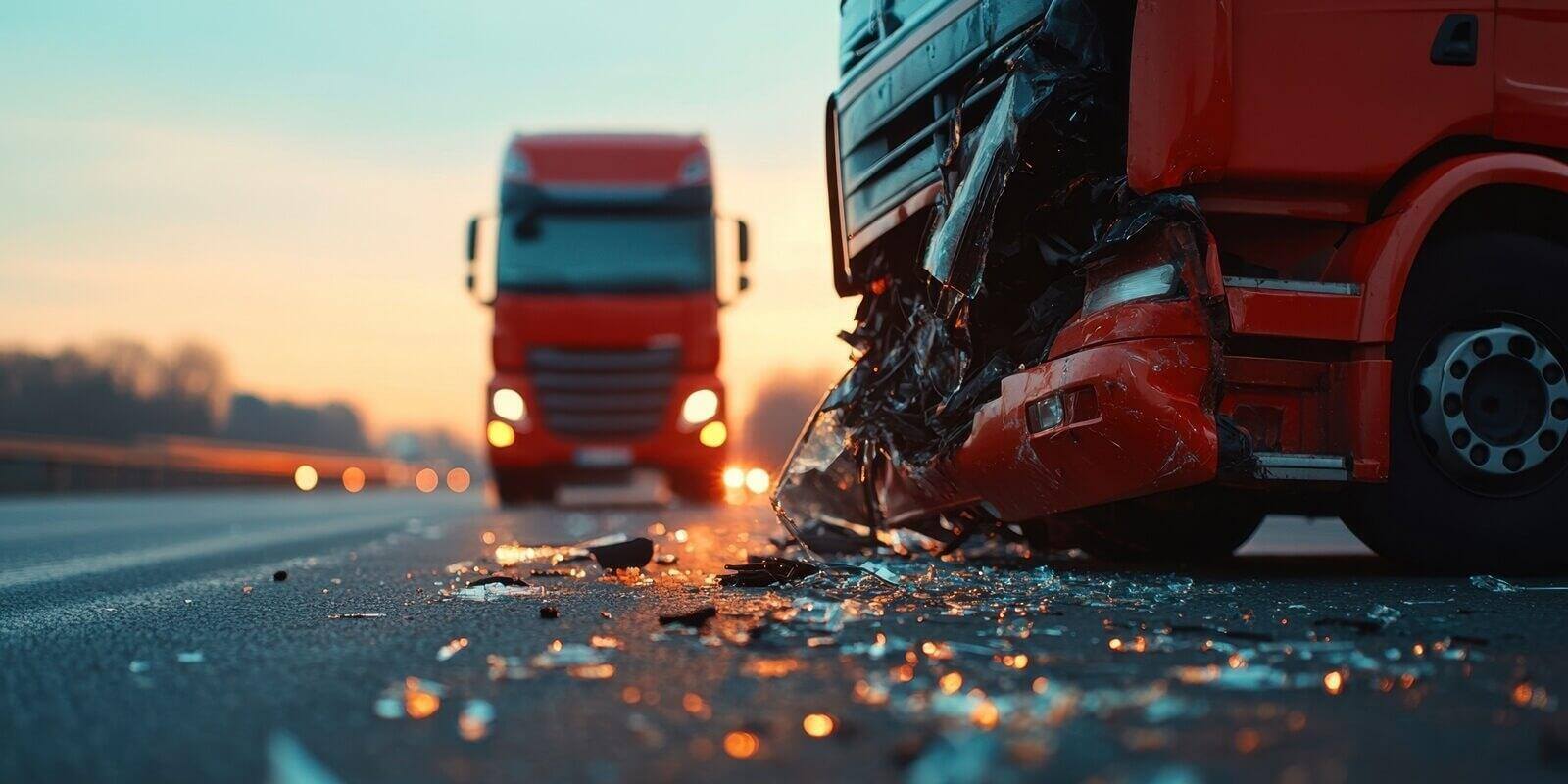 truck accident on highway shows damaged vehicle with shattered glass scattered on road