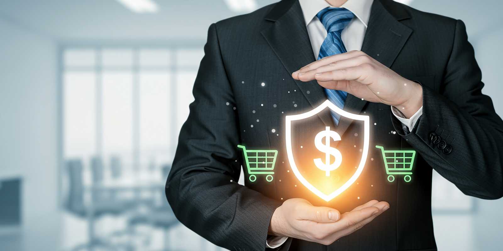 Businessman Protecting Dollar Sign Representing Retail Insurance Cost Concept