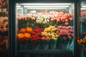 Fresh Vibrant Flowers Displayed in Fridge in Flower Shop