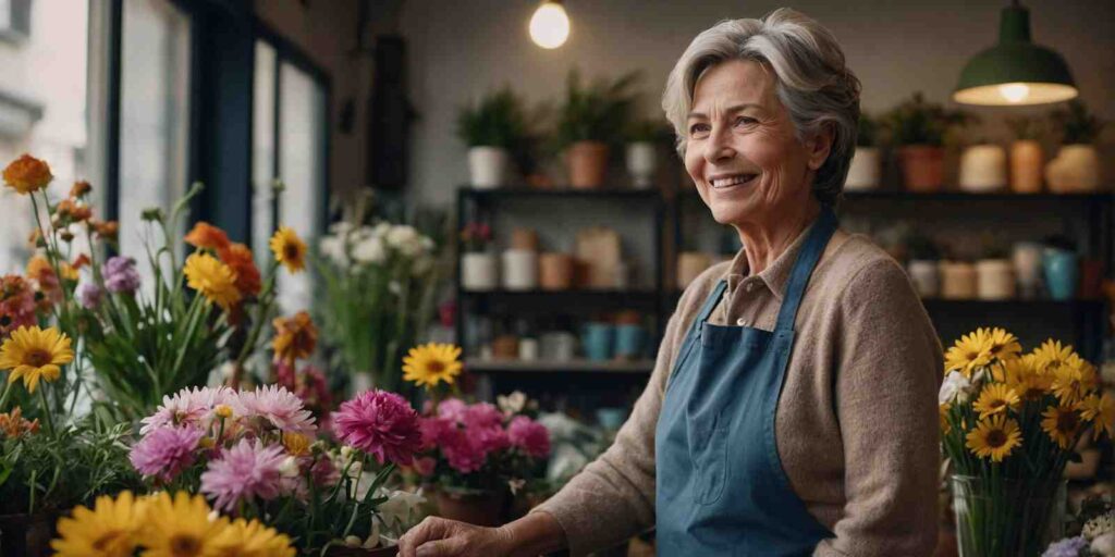 Happy Woman Standing in Insured Flower Shop