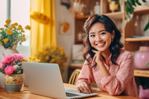 Young Female Flower Shop Owner Working on Laptop