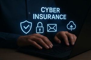 Person Typing on Laptop with Cyber Insurance Icons