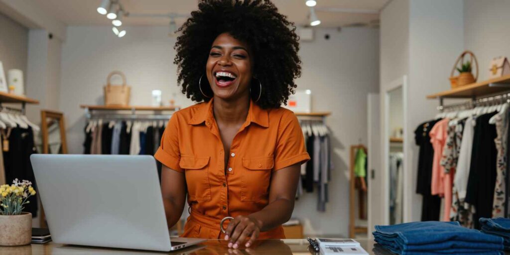 Retail Clothing Boutique Owner Laughing Behind Laptop