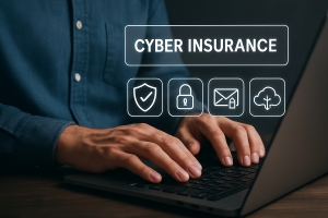 Cyber Insurance Icons Displayed Above A Laptop Keyboard