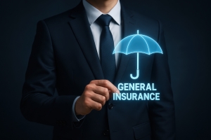 Businessman Holding Glowing Umbrella Over Text General Insurance
