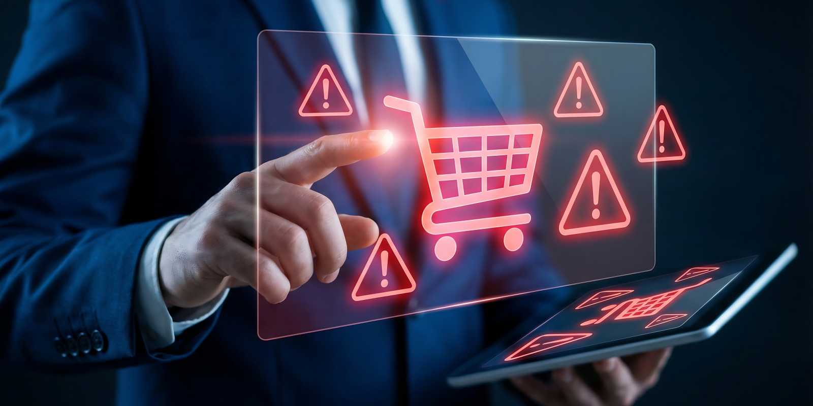 Businessman Interacting with Virtual Interface Displaying E-Commerce Risks Concept