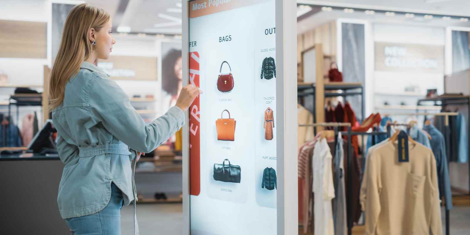 Female Customer Using Floor Standing LCD Touch Display in High-End Retail Clothing Store