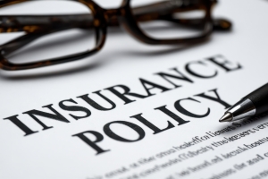 Insurance Policy Documents with Reading Glasses and Pen