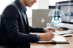 Business Professional with Umbrella Over Employees Icon Representing Insurance Concept