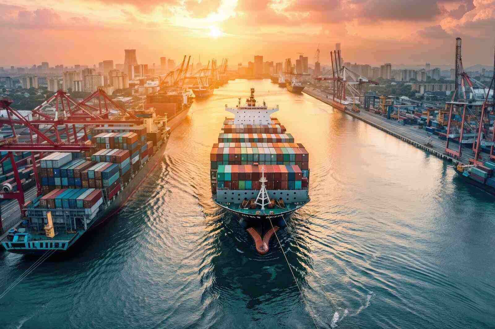 cargo ship entering port at sunset