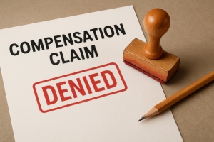Compensation Denial Document with Stamp and Pencil on Desk