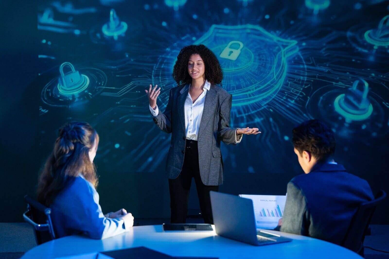 cybersecurity expert leading a strategy meeting, presenting on data protection, network security, and privacy to her team