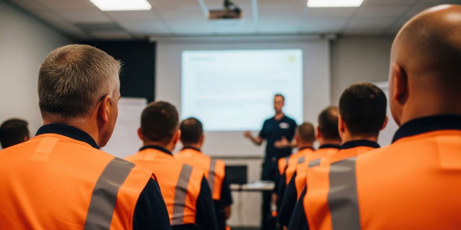 Employees in High-Visibility Vests Attending A Safety Training Session