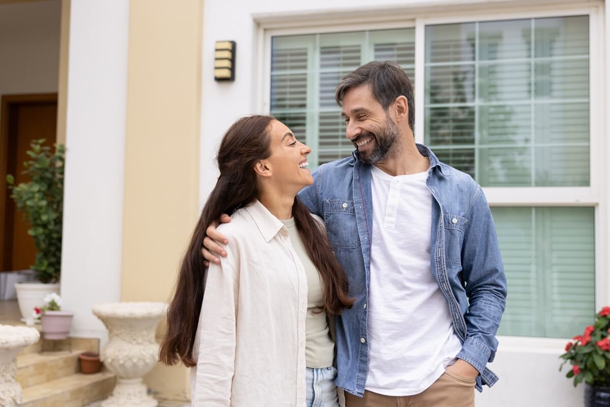 portrait cheerful spouses homeowners cuddle in front of new house