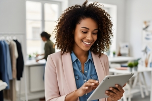 Retail Business Owner Checking Insurance Policy in Tablet