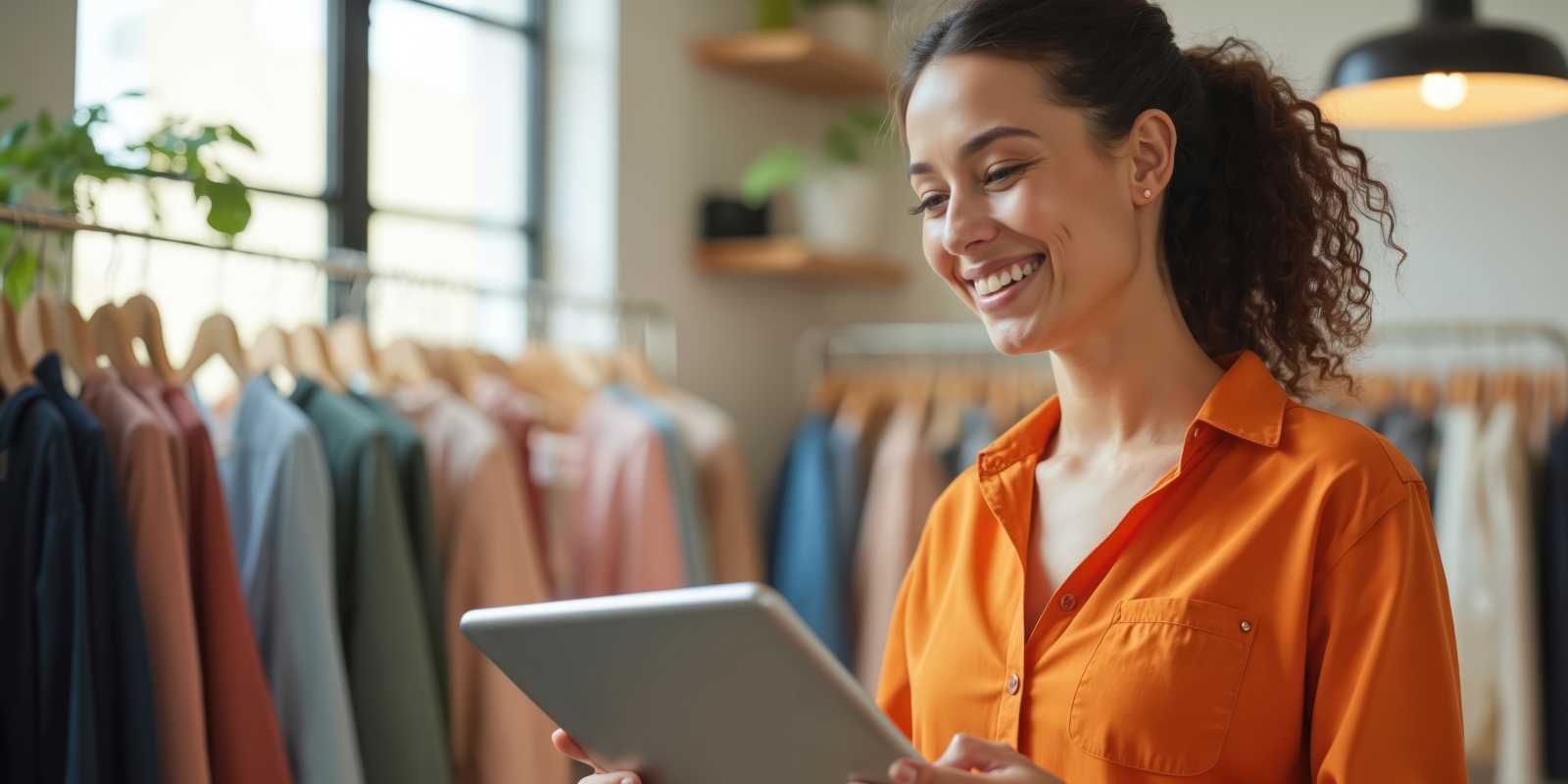 Smiling Woman Checking Insurance Policies in Tablet for Her Retail Clothing Store