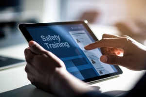 Tablet Displaying Safety Training with A Hand Interacting on A Light Workspace