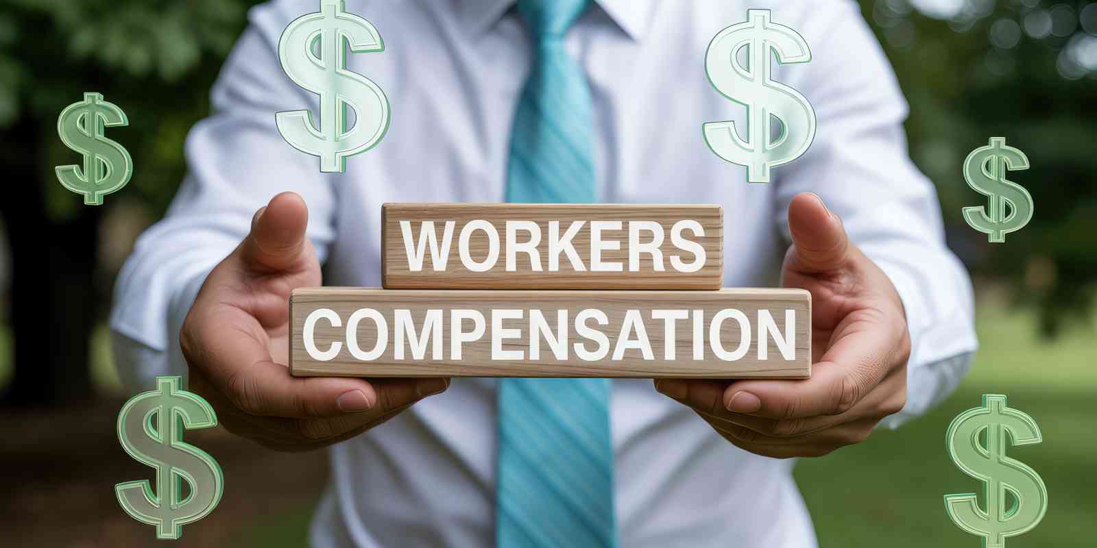 Businessman Holding Wooden Blocks Labeled Workers Compensation with Floating Dollar Signs