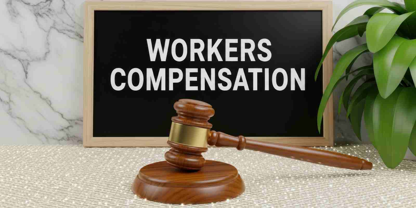 Workers Compensation Text Displayed on Chalkboard with Gavel