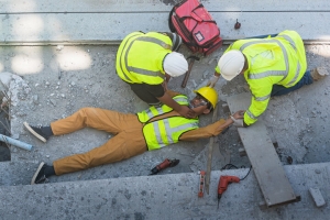 Colleagues Giving First Aid to Injured Construction Worker